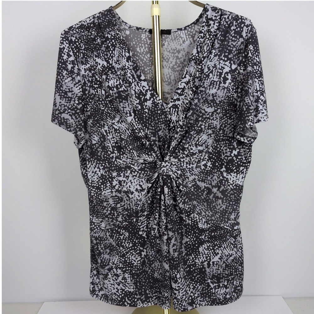 Daisy Fuentes Womens XL Short Sleeve V-Neck Knot Front Stretch Blouse Grey Y2K